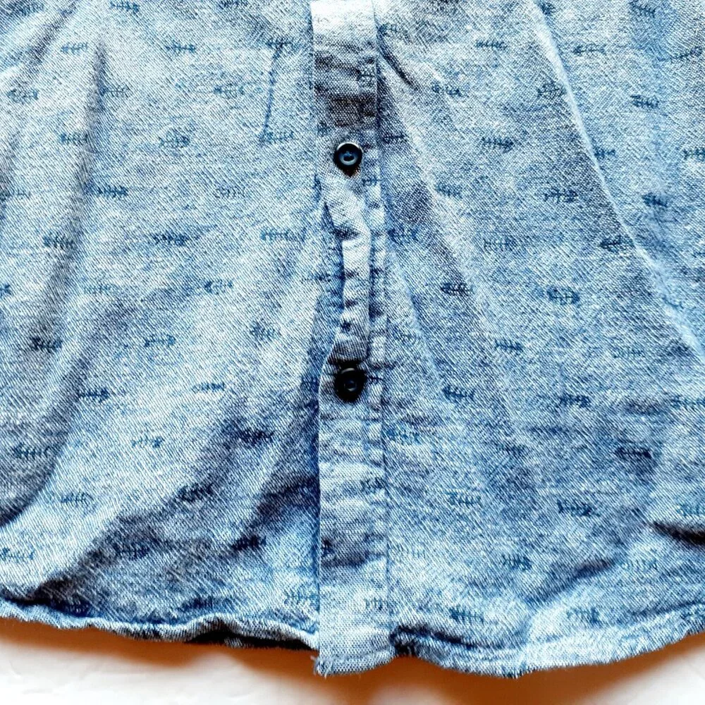Old Navy Boys Shirt Button Down Blue Linen Blend Fish Short Sleeve Large 10-12